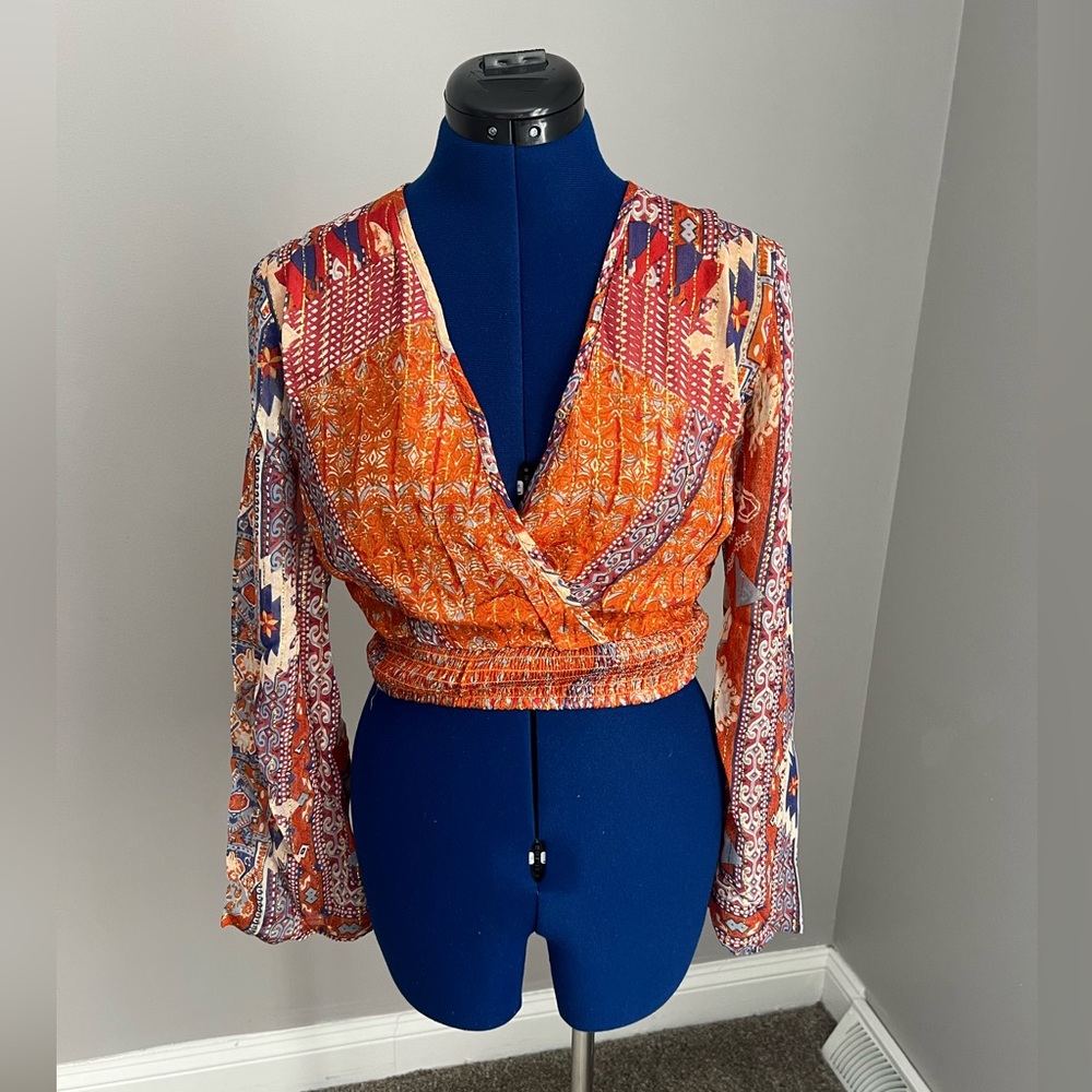 NWT Raga Anthropologie Metallic Thread Bell Sleeve Crop Blouse